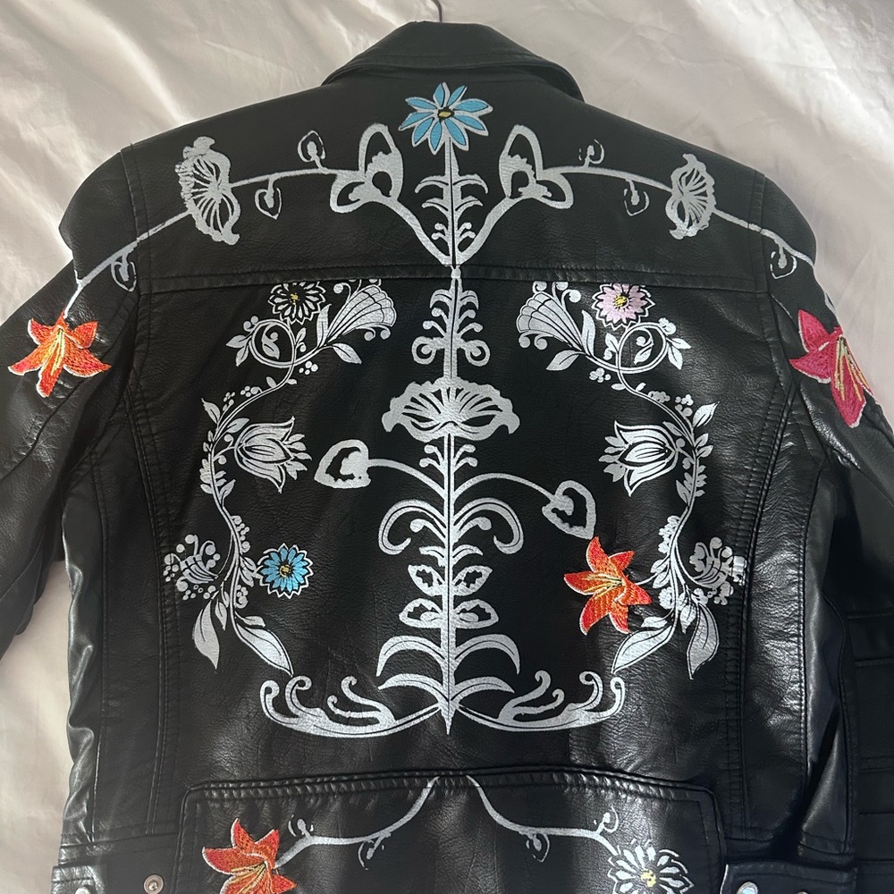 Embroidered Faux Black Leather Jacket